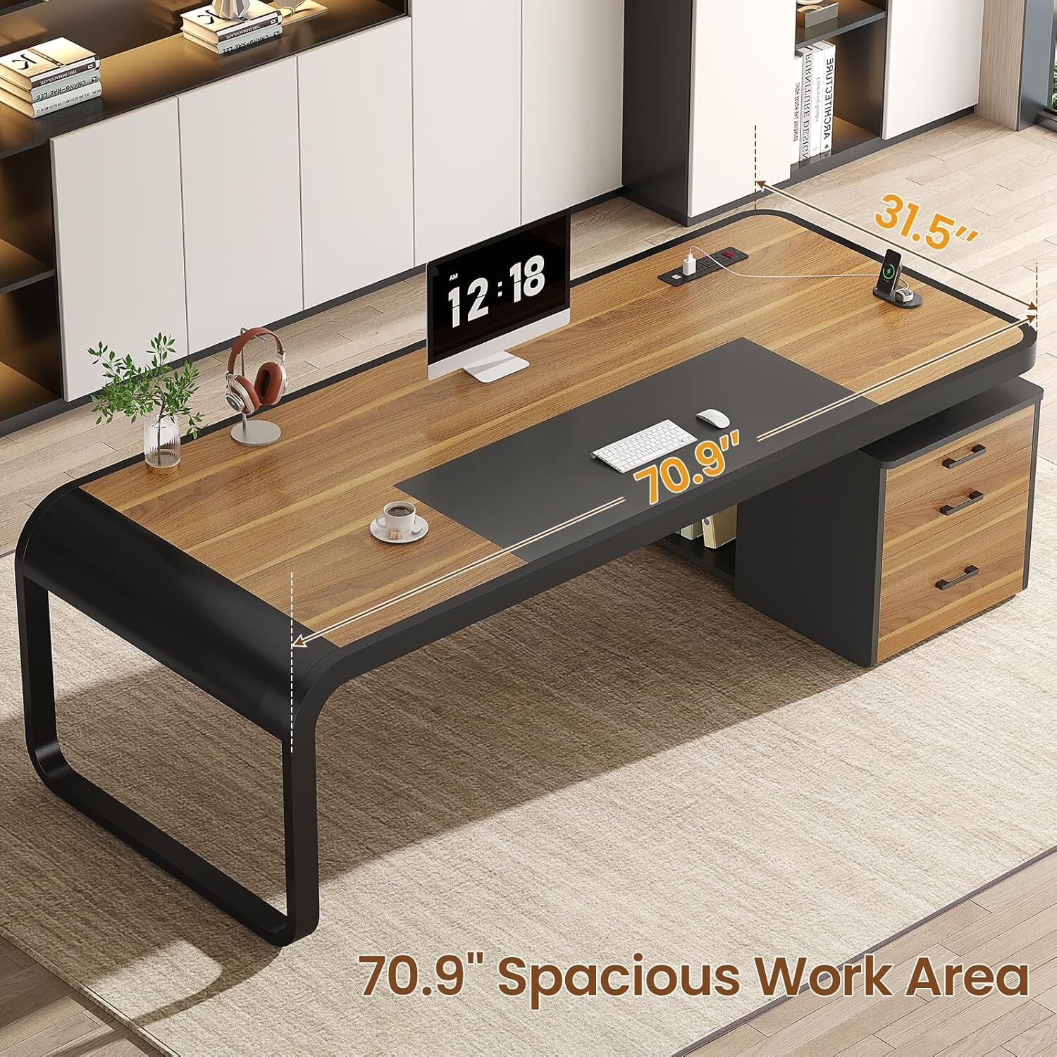 70.9″ Executive Desk, Large Computer Desk with 3 Drawers and Storage Shelves