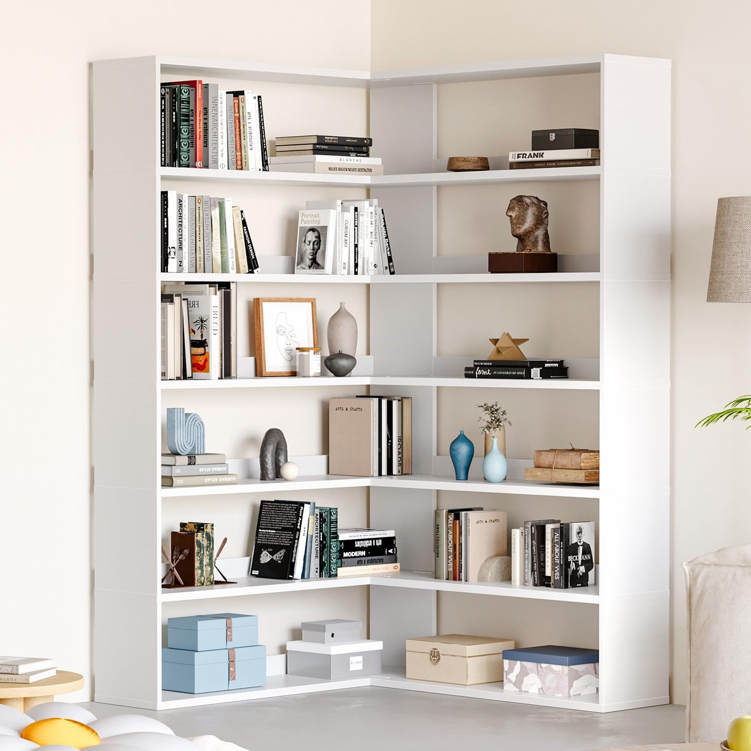 71.5″ Tall L-Shaped Corner Bookshelf, 6-Tier 35.2″ Wide Wooden Bookcase with Sto