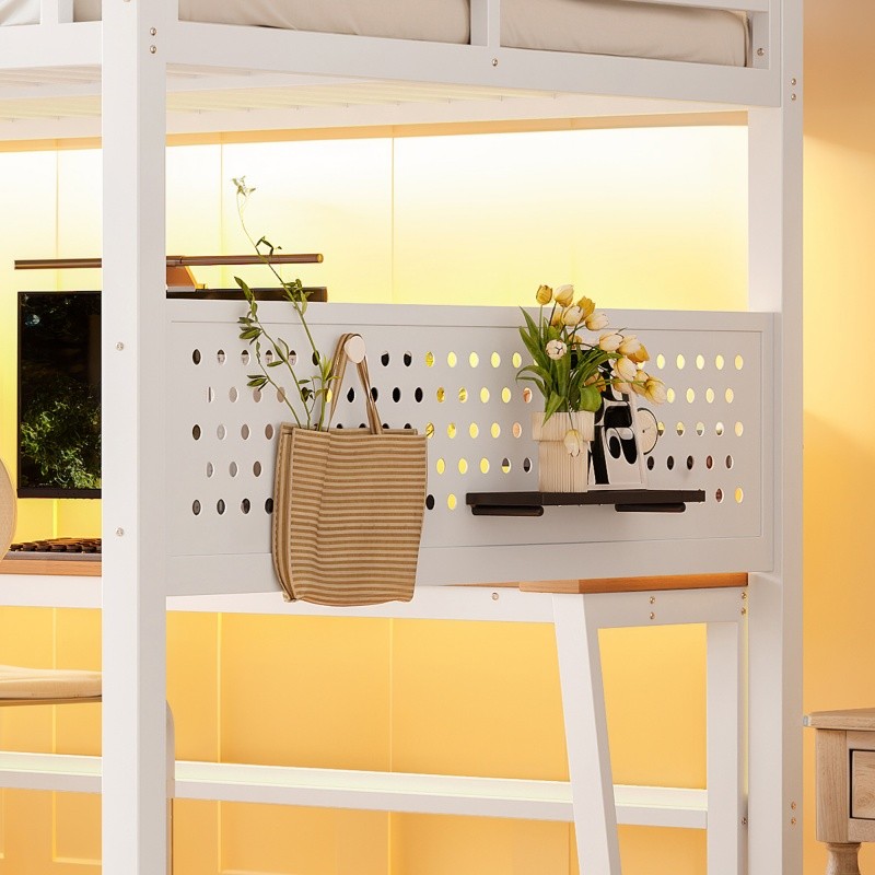 Full Size Metal Loft Bed with Storage Stairs,Movable Desk & Pegboard Kids Teens