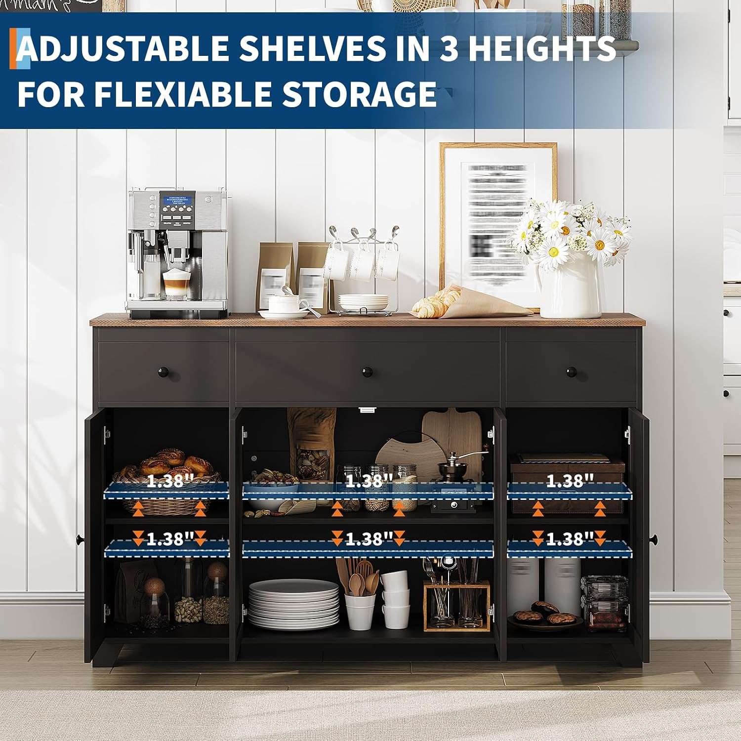 Minimalist 55″ Black Buffet Cabinet with Storage, 3 Drawers & 4 Doors