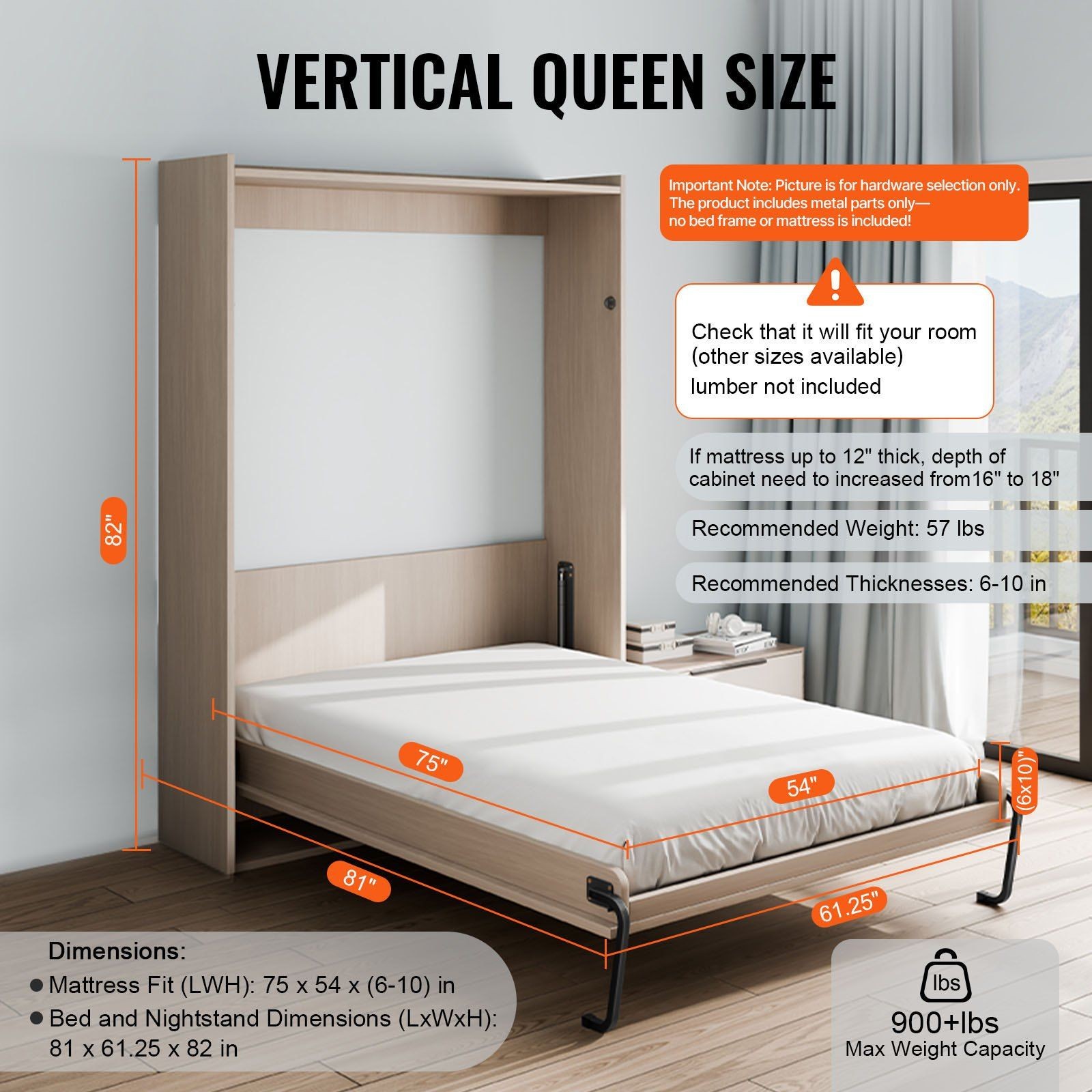 Vertical Space Saving Bed Kit Full Size 81×61.25x82in Gas Spring Steel