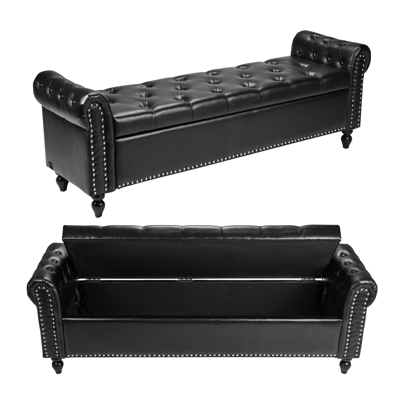 VEVOR Button-Tufted Storage Ottoman Bench Rolled Arm PU Leather Wood Legs Black