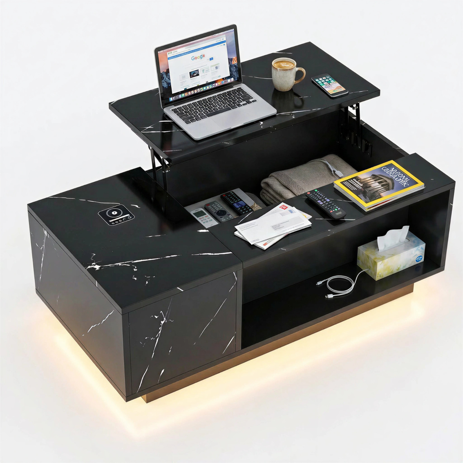 47″ Lift-Top Coffee Table Bluetooth Speaker Wireless Charging LED Light Storage