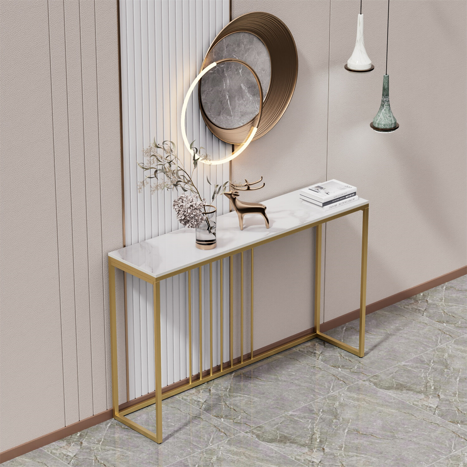 Natural Marble Long Console Table Behind Couch Full Frame Entryway Table 2-color