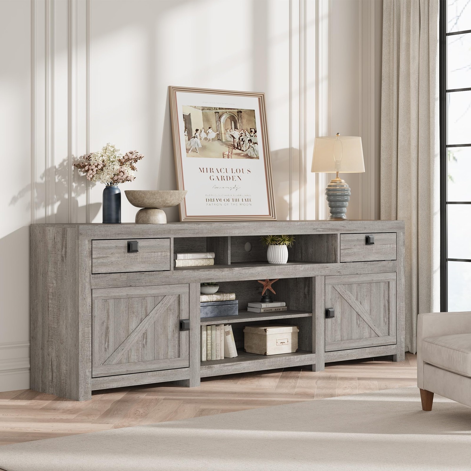 Farmhouse TV Stand for 80 in TVs, 70″ Wide Entertainment Center with 4 Drawers