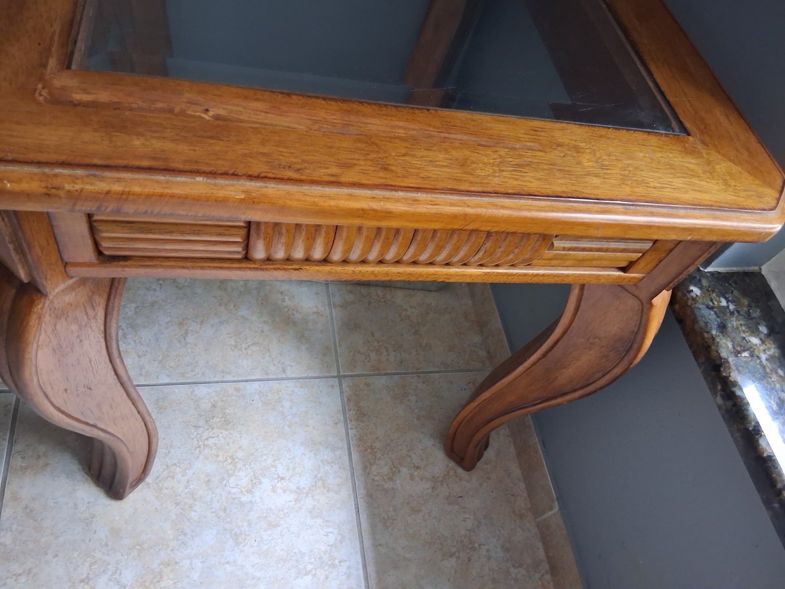 1960s Rectangular Wood End Side Table w/ Glass Inset Top Brown Clear 30x24x28