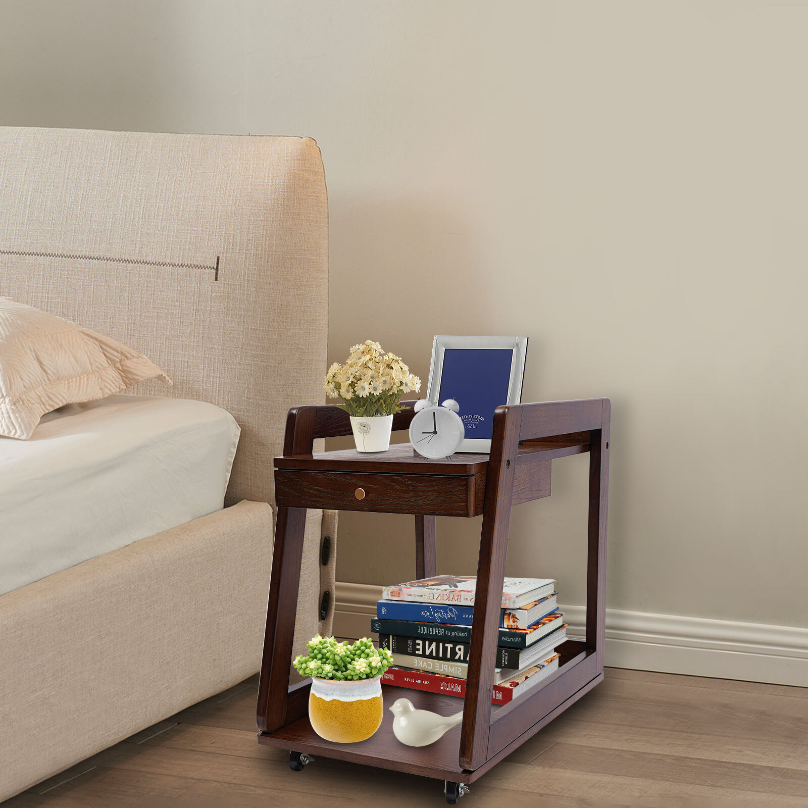 40*60*60cm 2-Tier Wood End Table Max 10kg Side Table Couch Table W/Wheel&Drawer