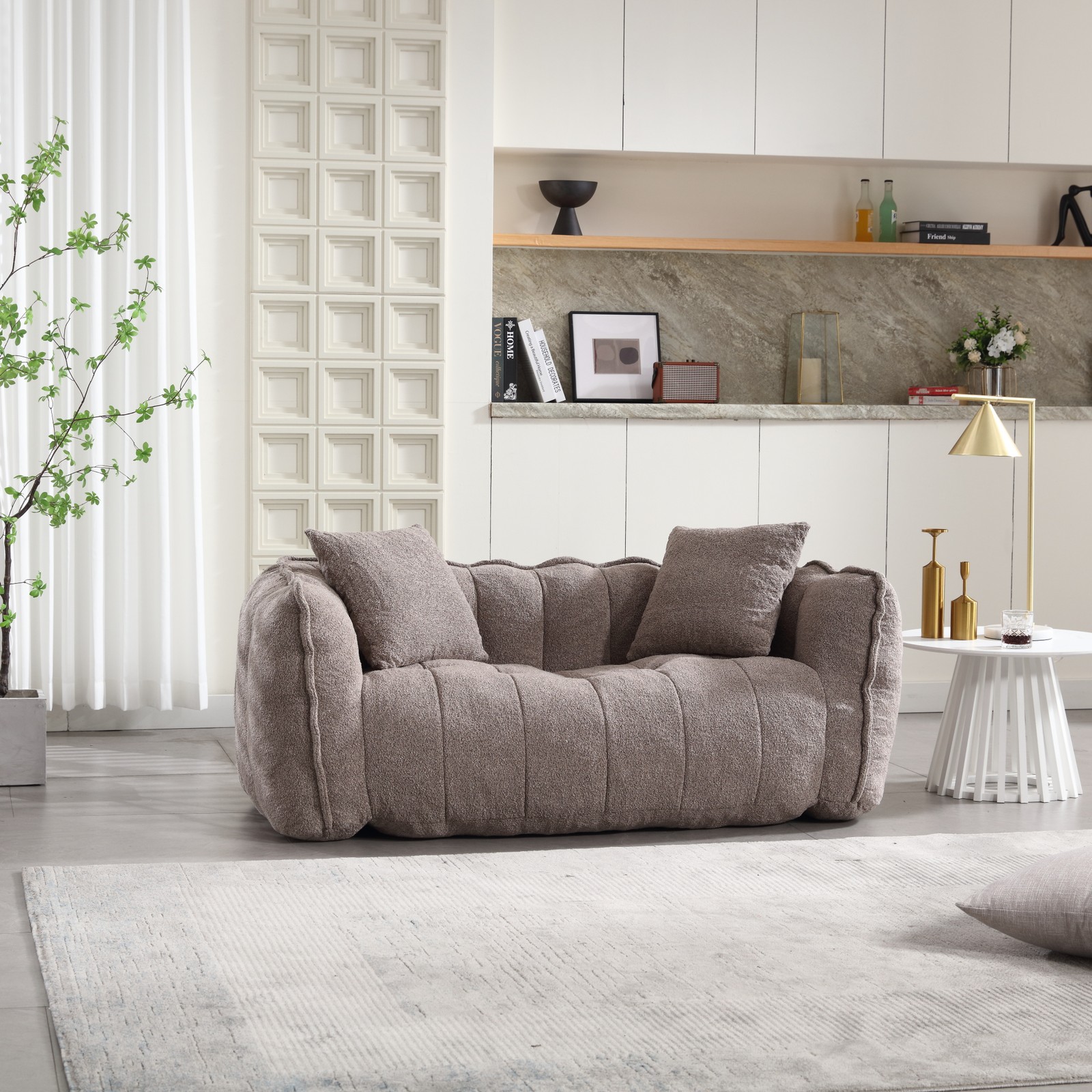 Large Brown Chenille Bean Bag Chair Sofa for Two, 66″L x 35″W