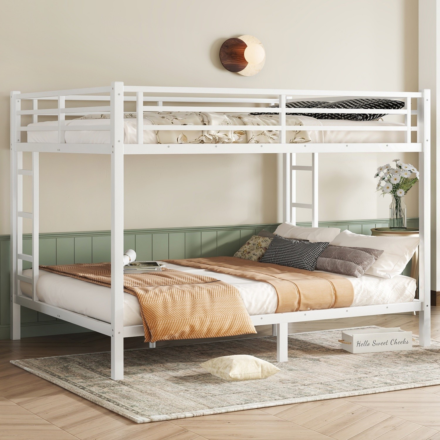 Queen Over Queen Metal Bunk Bed Queen Size Metal Bed Frame with 2 Ladders White