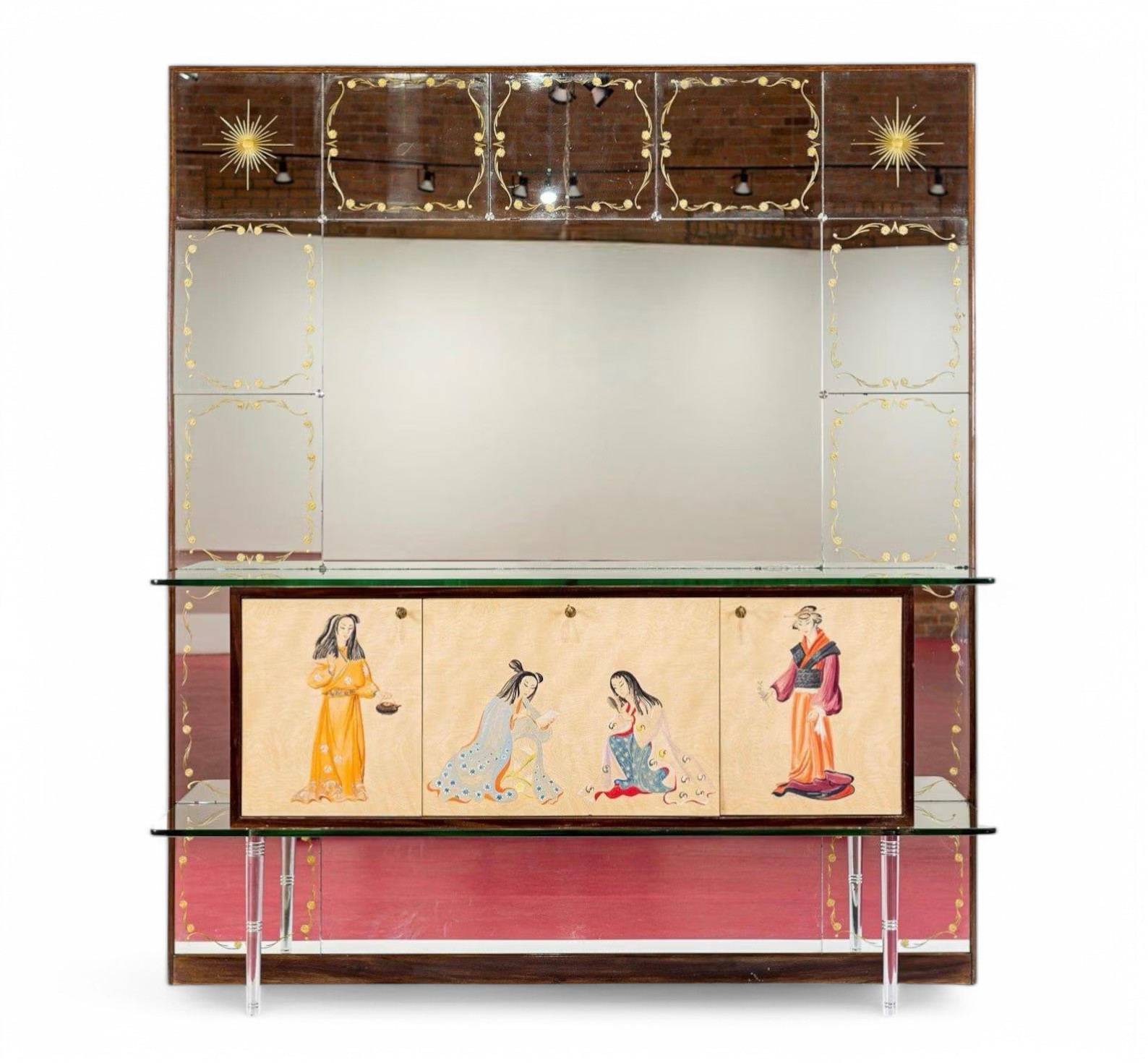 Mirrored Mid Century Bar Cabinet Credenza with Asian Motif, Made in Italy