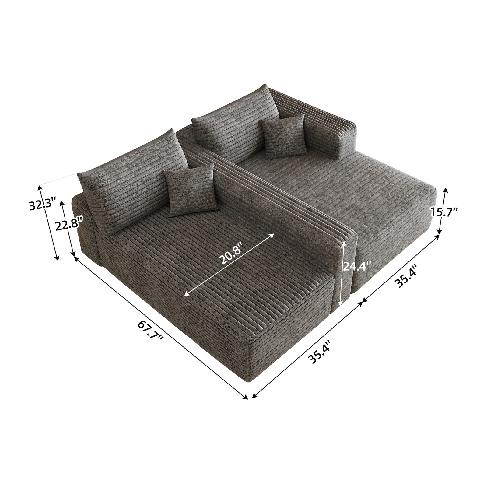 103″ L-Shaped Sectional Sofa, Dark Grey Plush Corduroy, No Assembly