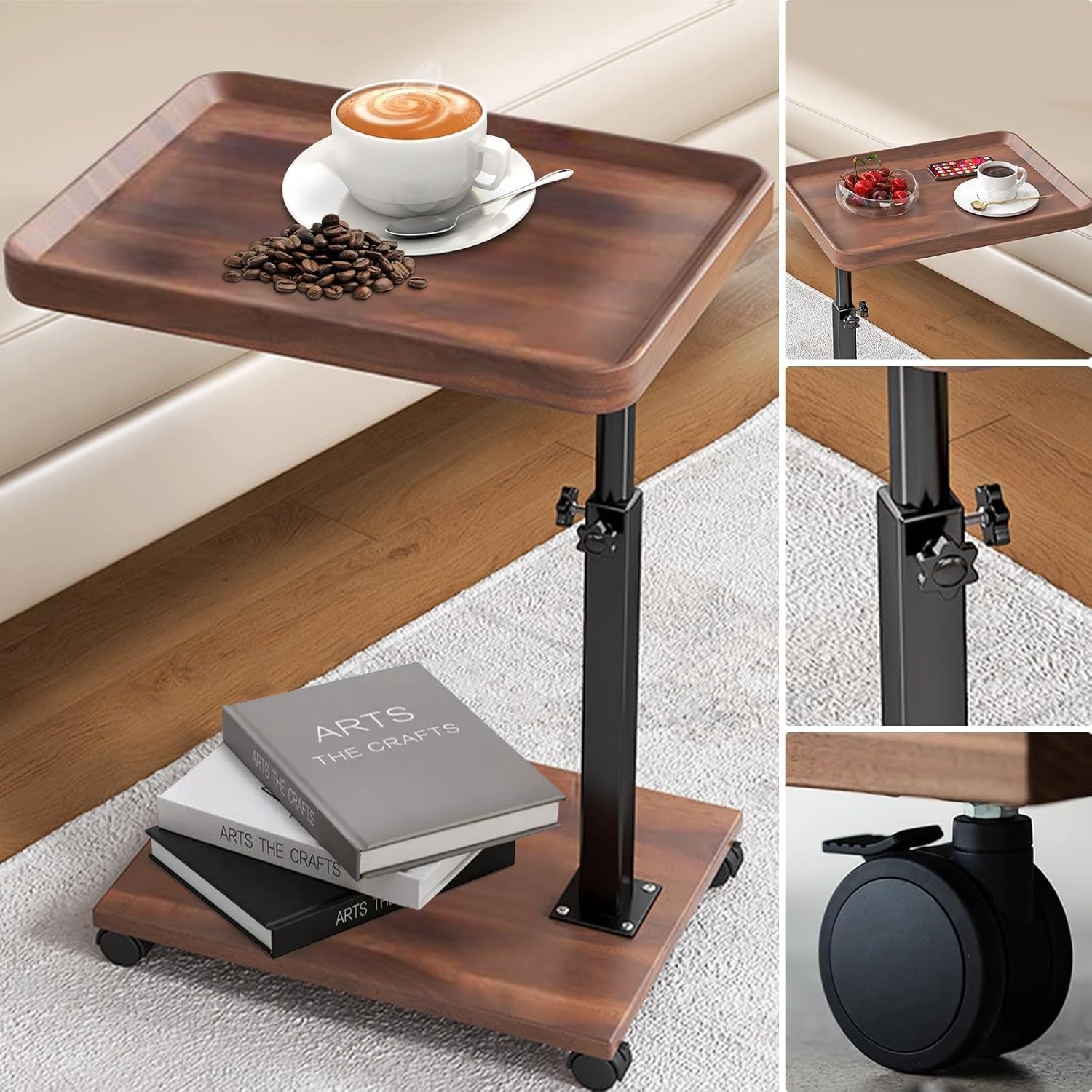 C-Shape End Table Adjustable Height Swivel TV Tray Tables, Sofa Table w/ Wheels