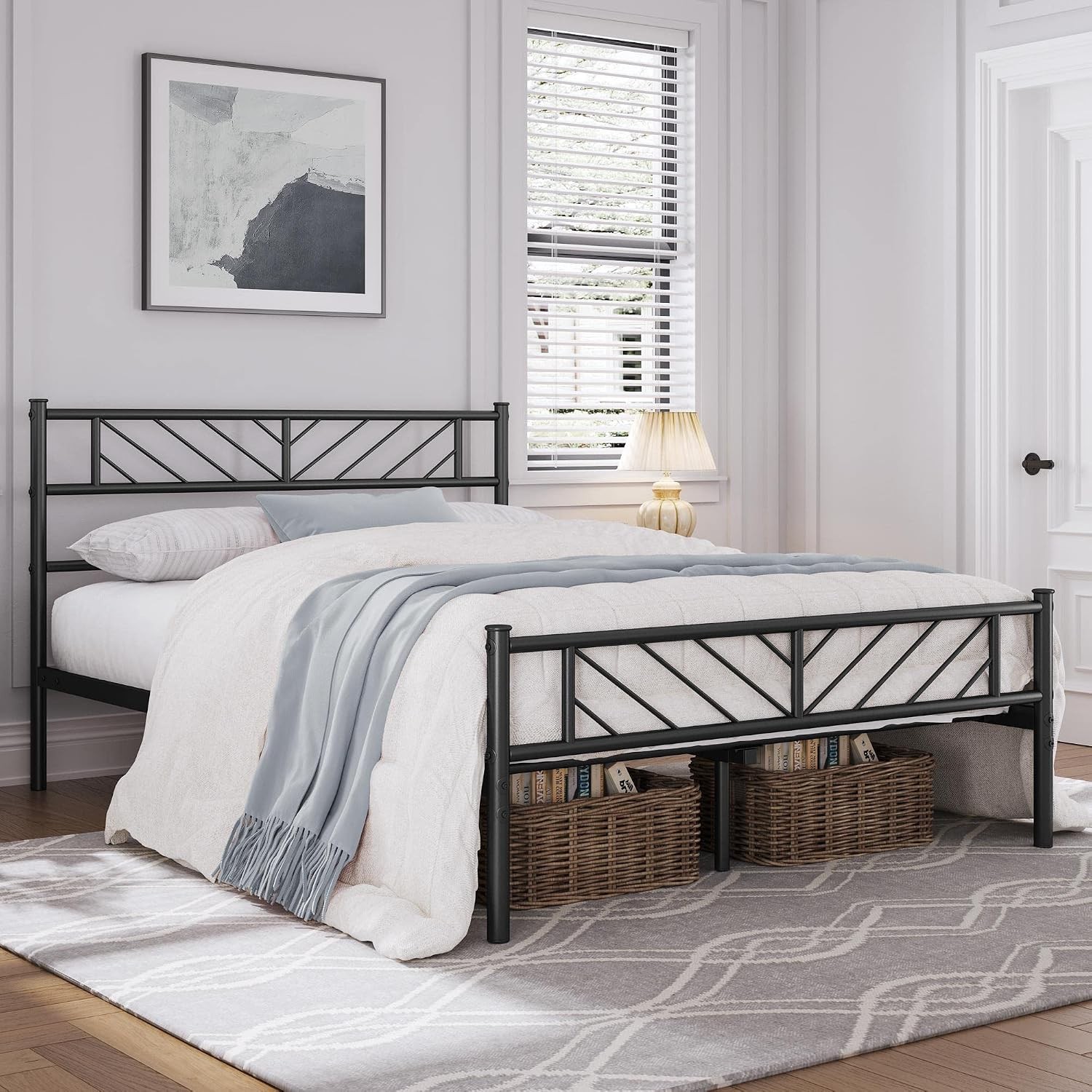 Full Size Platform Bed Frame with Arrow Design Headboard 13 Inches Metal
