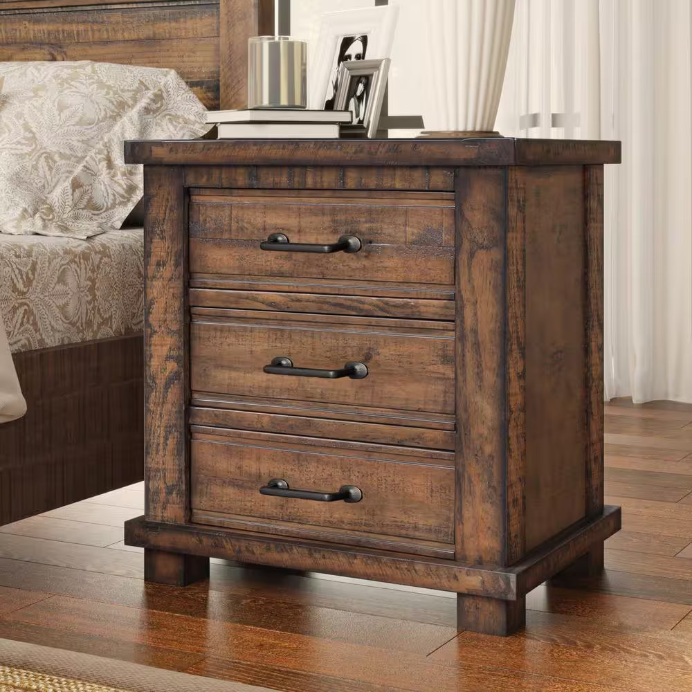 Rustic Walnut Brown 3-Drawer 24 In. W. Reclaimed Solid Wood Nightstand
