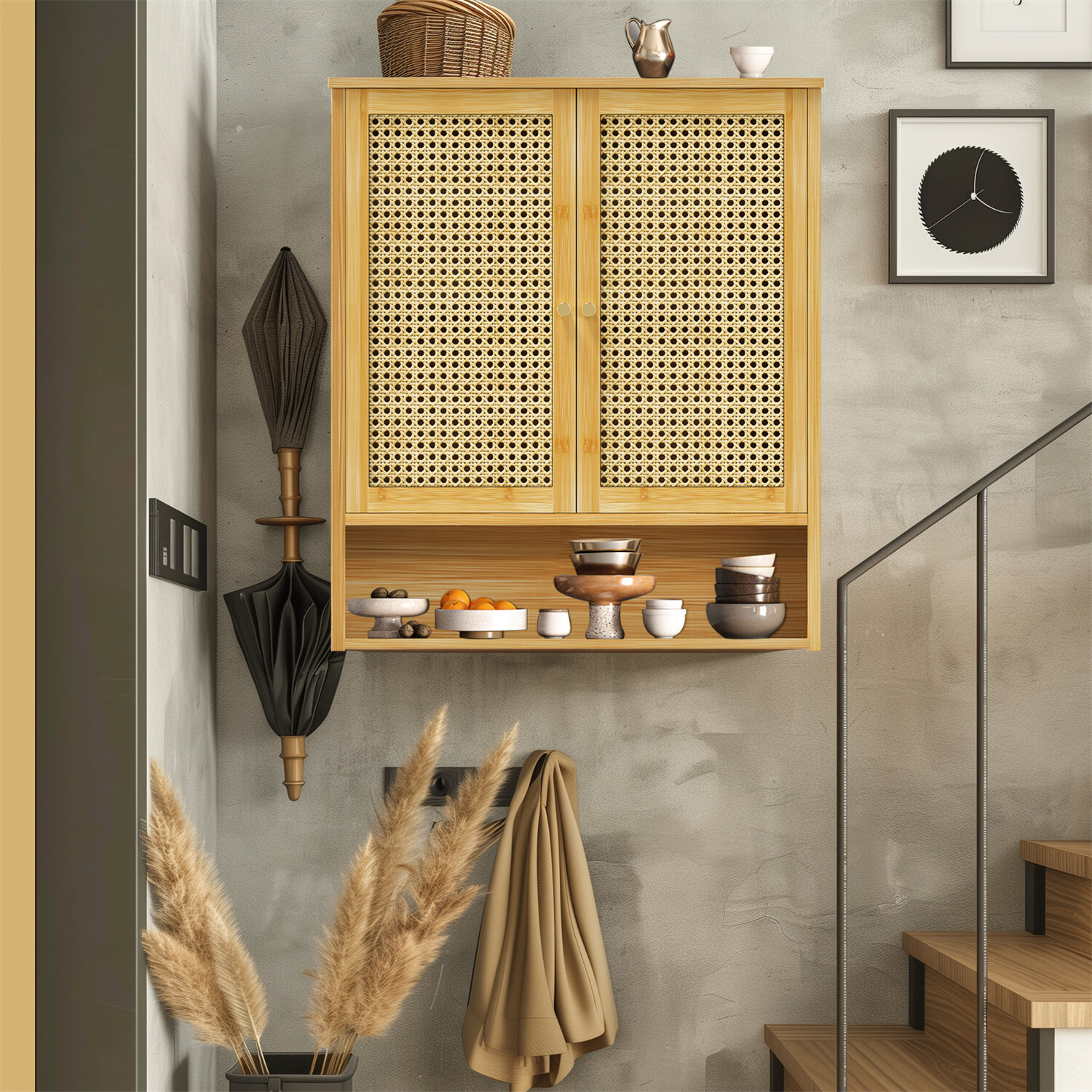 Bathroom Cabinet Wall Mounted, Bamboo Over-The-Toilet Storage Organizer 2 Door