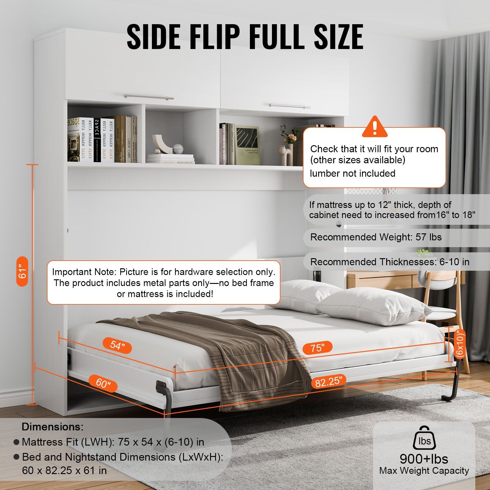 Queen Wall-Mounted Bed Kit 65.75×87.25x67in 68lb Load Capacity Frame