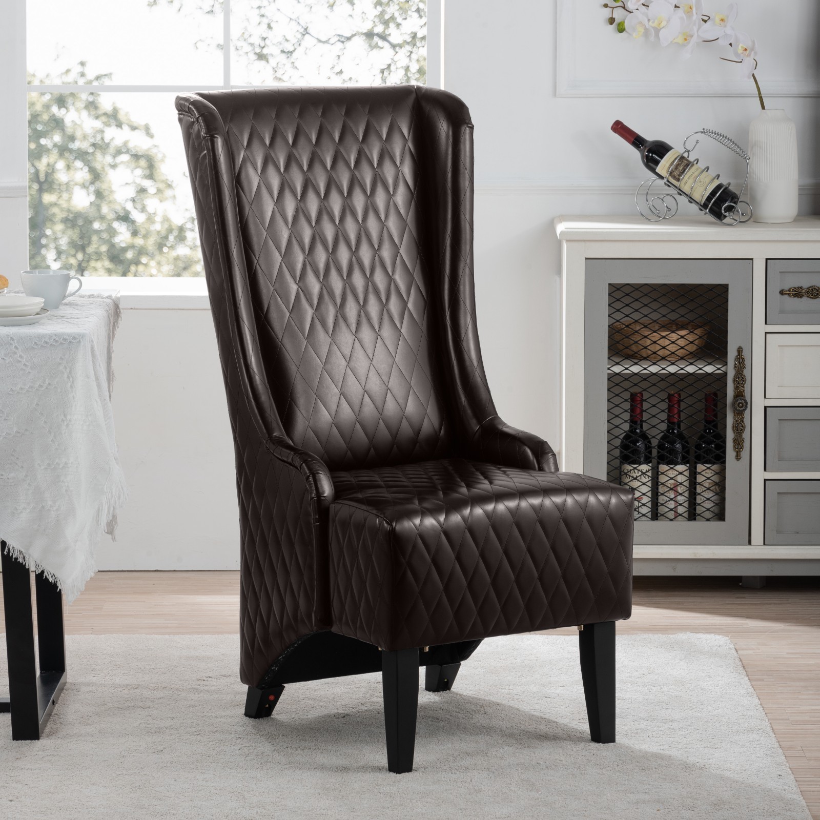 Mid-Century Modern High Back Faux Leather Accent Chair Diamond-Tufted Wingback