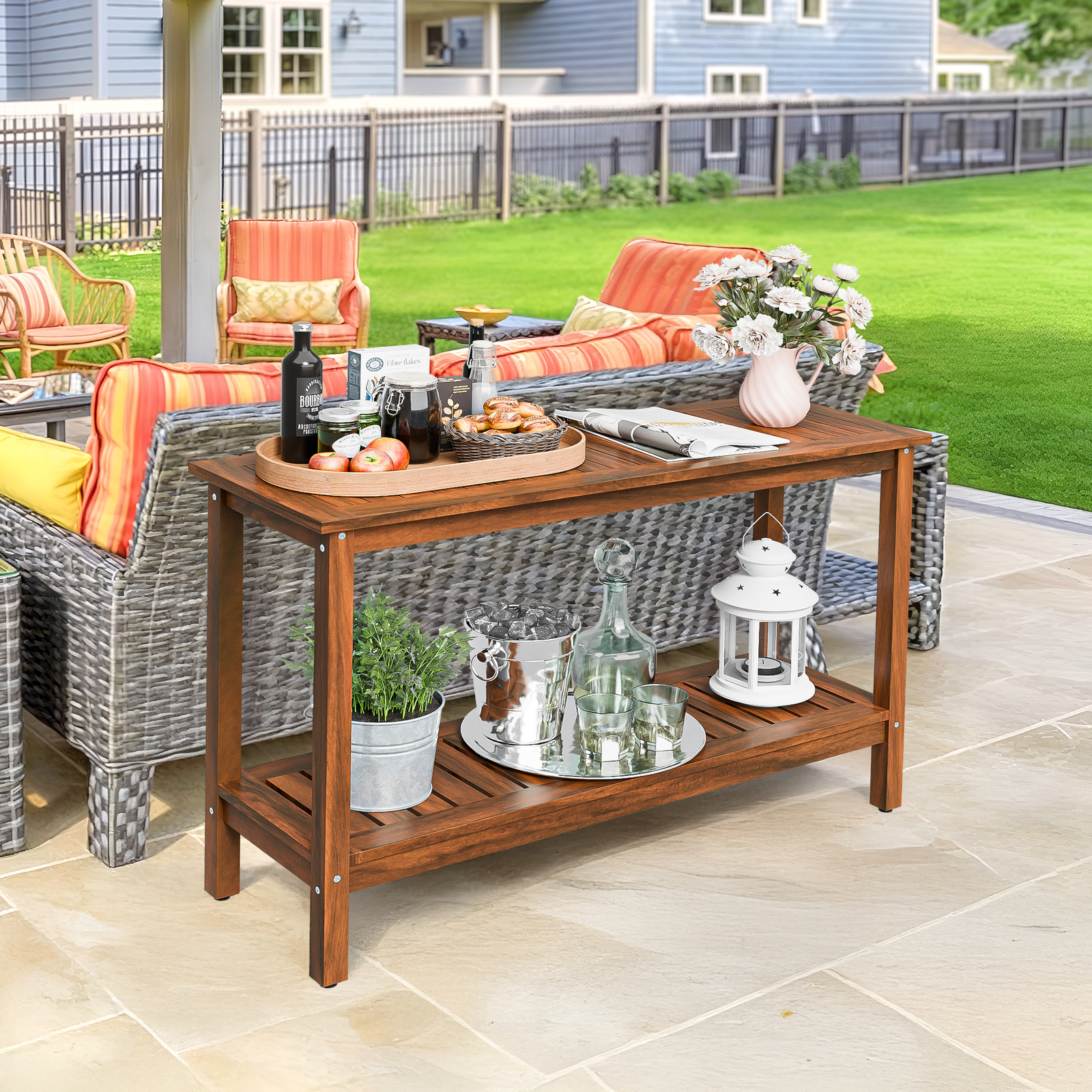Eucalyptus Wood 48in Console Table New Indoor Outdoor Buffet Storage Organizer