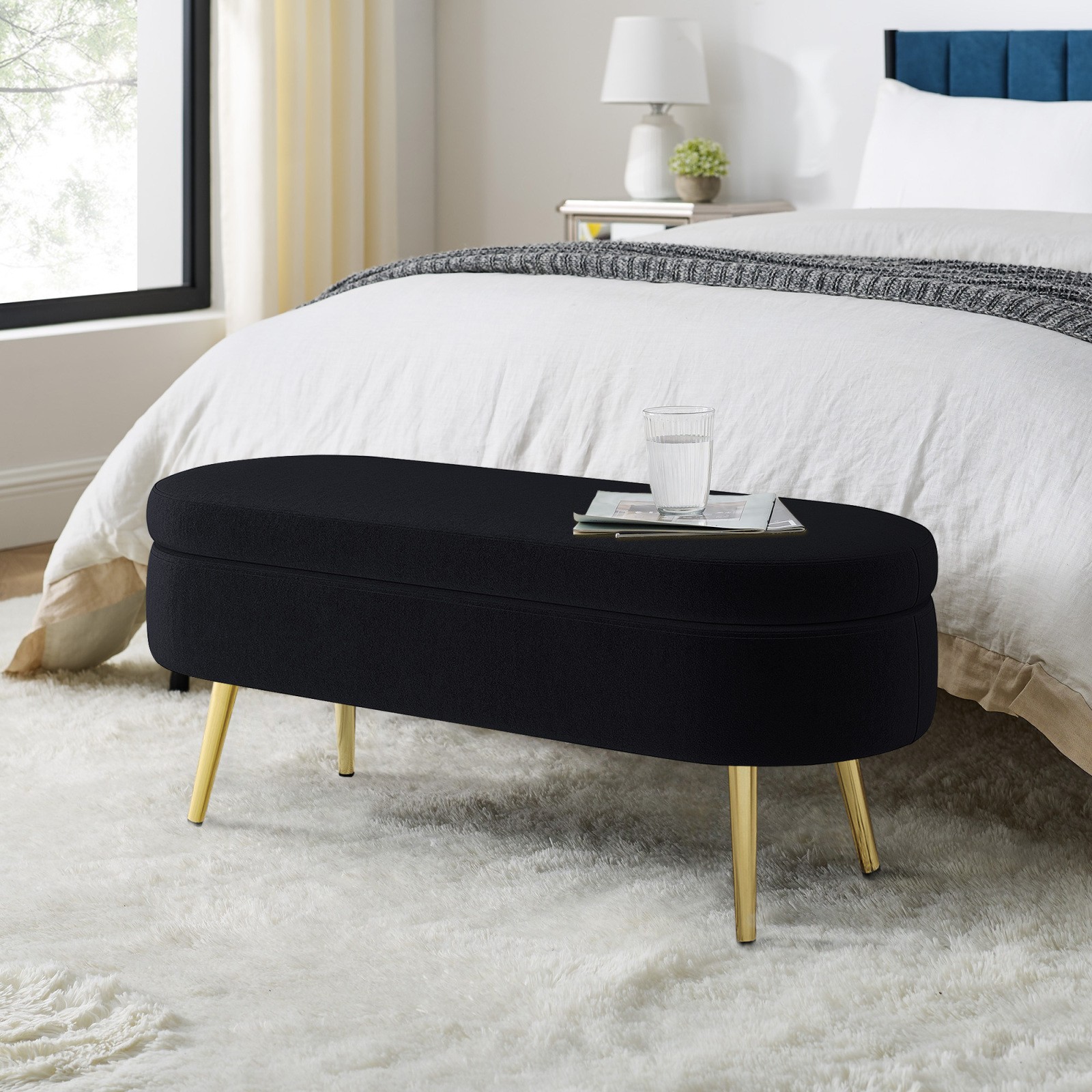 Flannel Ottoman Storage Bench, 43.5″x16″x16″, Black with Metal Legs