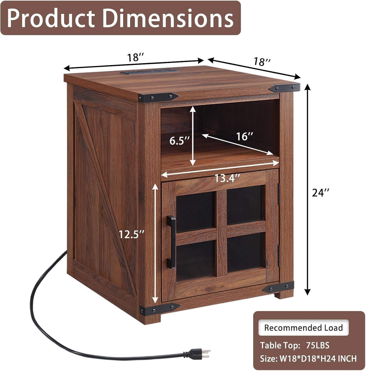 Farmhouse Nightstand Set of 2 with Charging Station & Glass Door | 18″ Night Sta