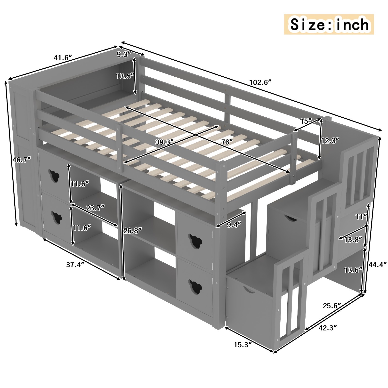 Twin Size Low Loft Bed With Shelves,Storage to Headboard and Stair, Grey