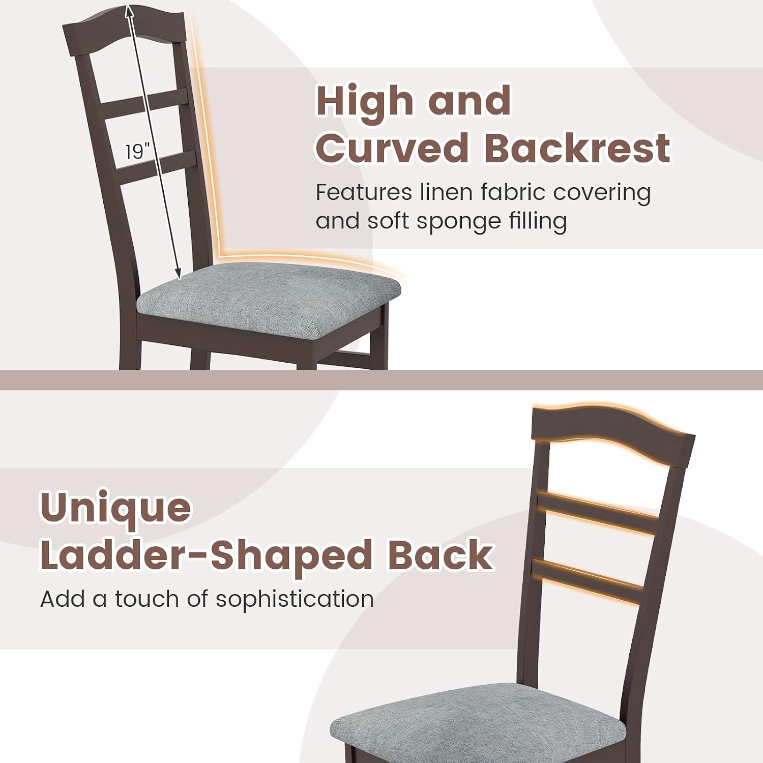 Wooden Dining Chairs Set of 2, Upholstered Kitchen Chair w/Rubber Wood Frame,