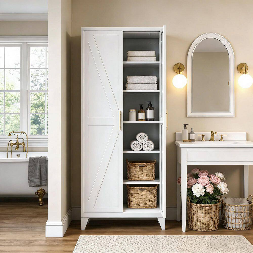 32 In. W X 75 In. H X 16 In. D White Metal Freestanding Storage Cabinet, Kitchen