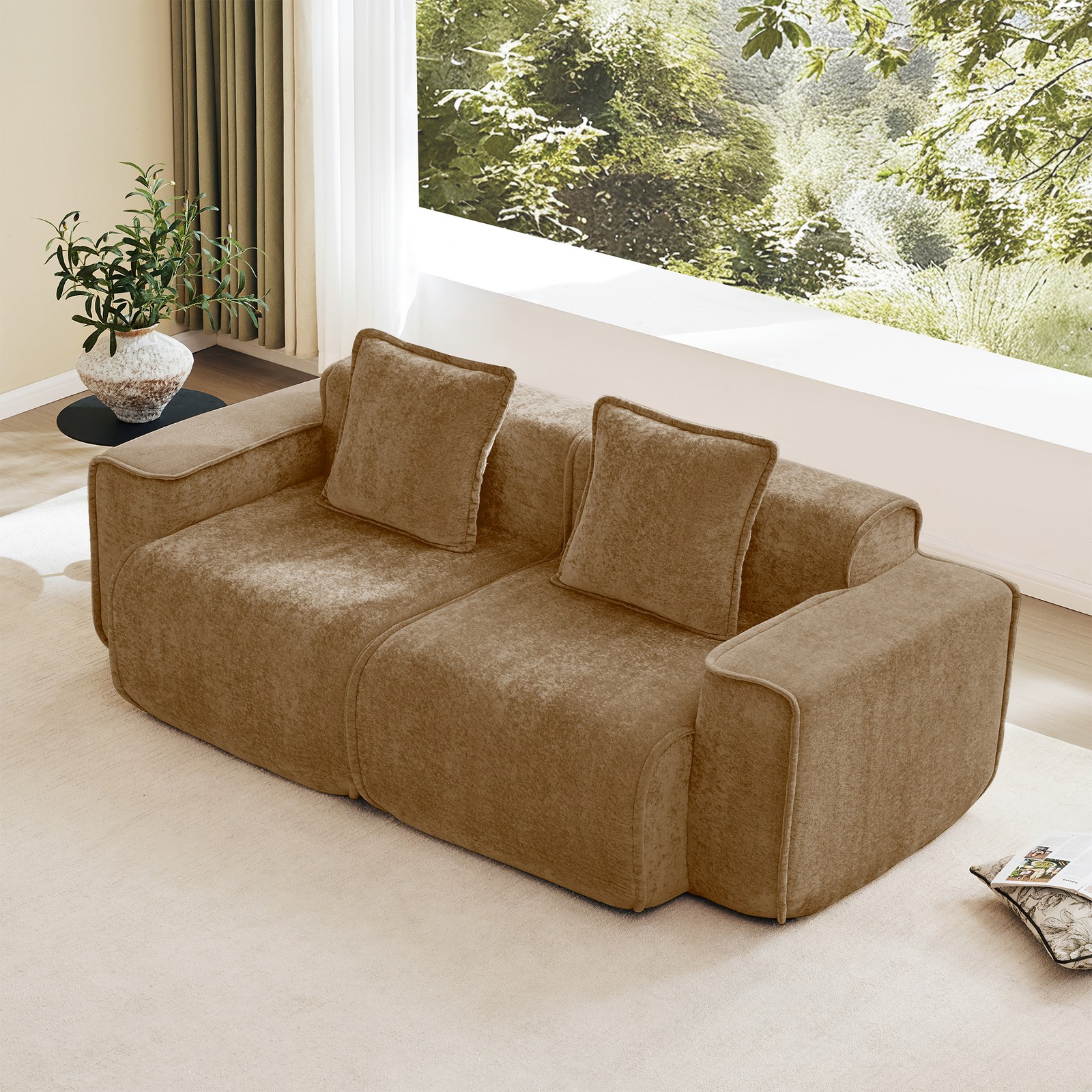 2-Seater Velvet Sectional Sofa Cloud Modular Chaise, No Assembly Required Brown