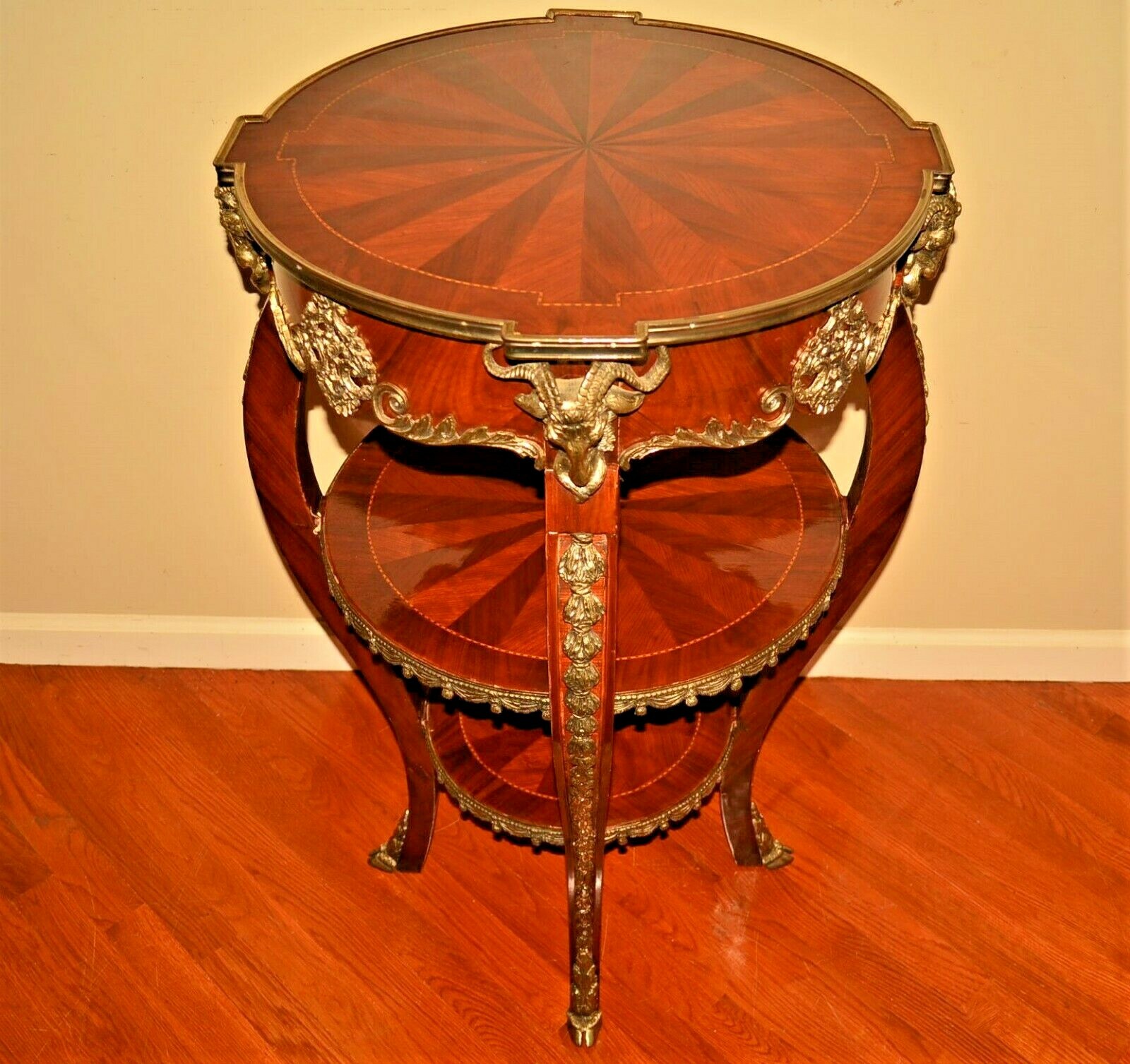 Antique Original Vintage Gilded Bronze Inlaid Mahogany Triple Tier Accent Table
