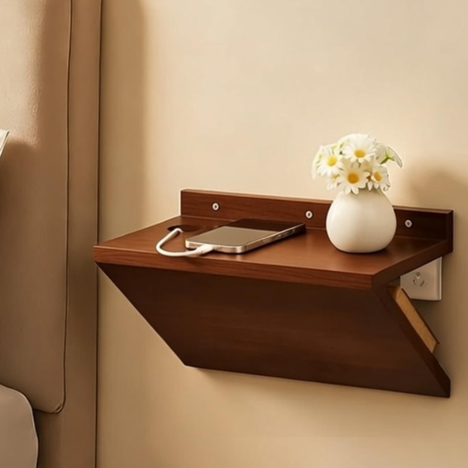 1 PCS 13x7x5.5 Inch Wooden Floating Nightstand Bedside V Shape Wall Shelf