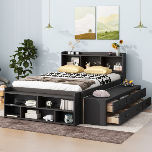 Solid Wood Platform Bed with Storage Drawers & Bookcase Headboard Full Size Beds