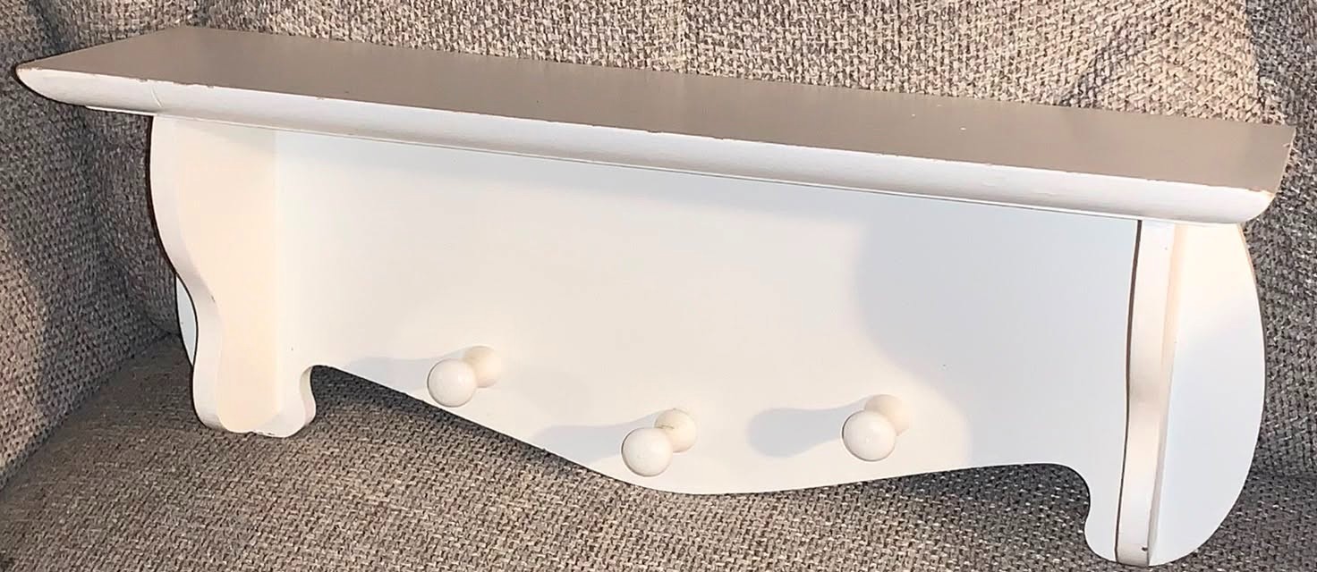 White Particle Board Wood Wall Hanging Shelf w/ 3 Pegs (16″ long)
