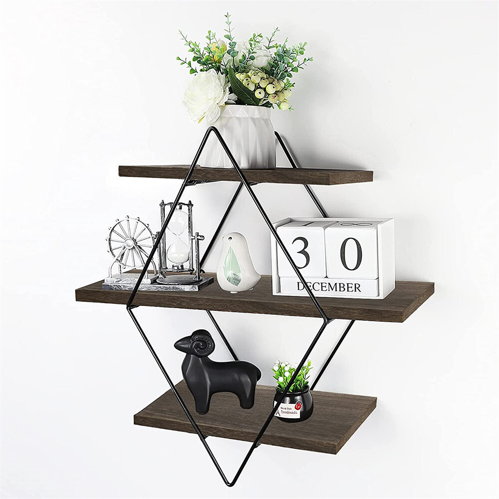 Heavy Duty Floating Shelves Wall Mounted Rustic Wood Geometric Style Decor Shelf
