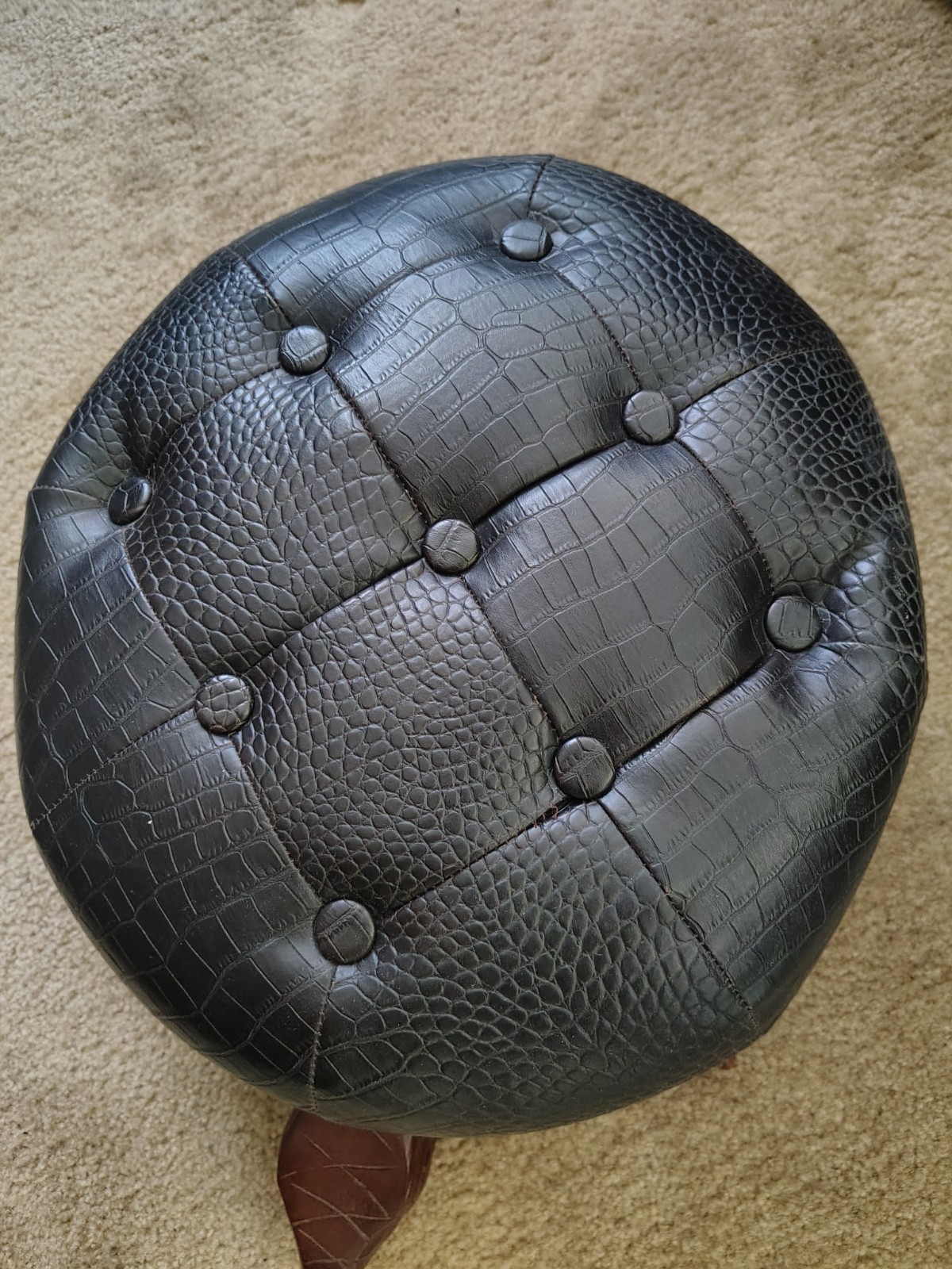 Turtle Ottoman Footstool Tufted Faux Leather Round Black w/ Brown Wood Legs