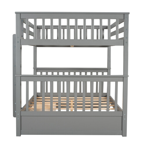 Full Over Full Bunk Bed W/ Storage Drawers Wood Platform Beds Bedroom Furniture