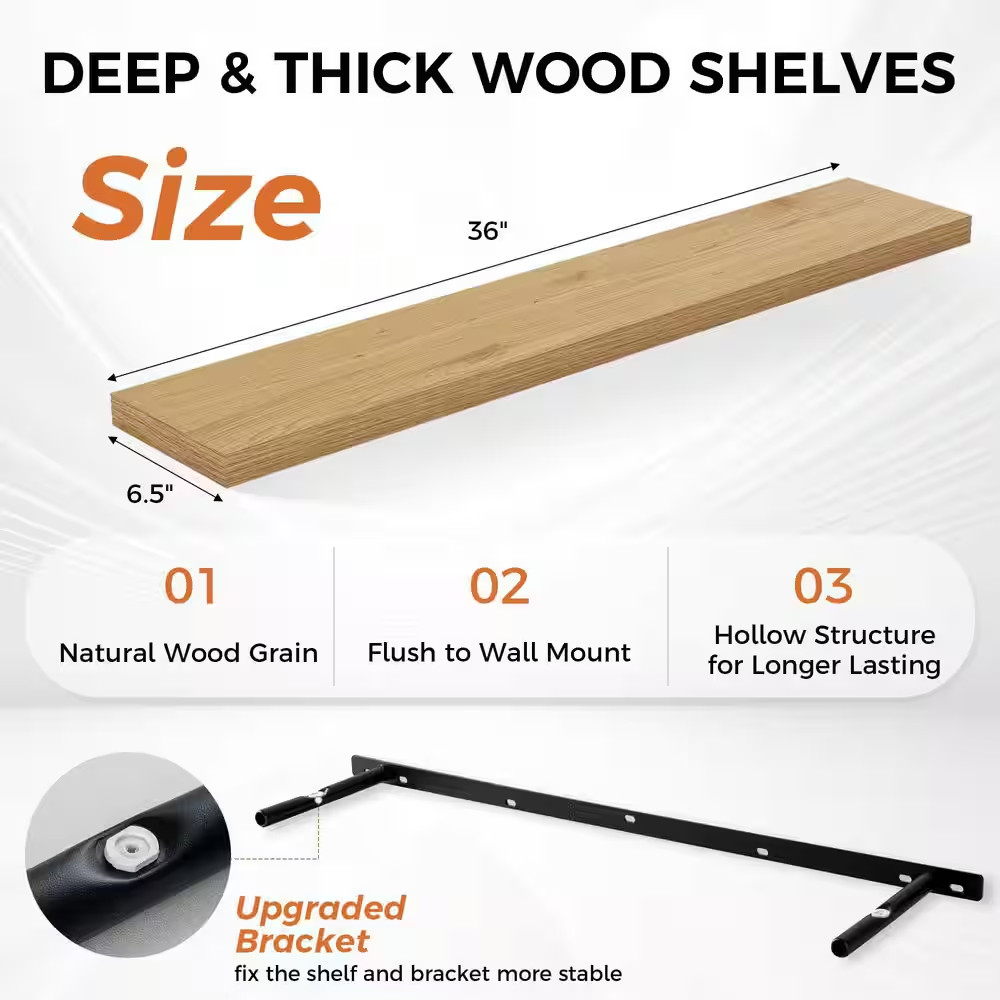 36 In. W X 6.5 In. D Oak Wall Mounted Floating Shelves with Invisible Brackets,