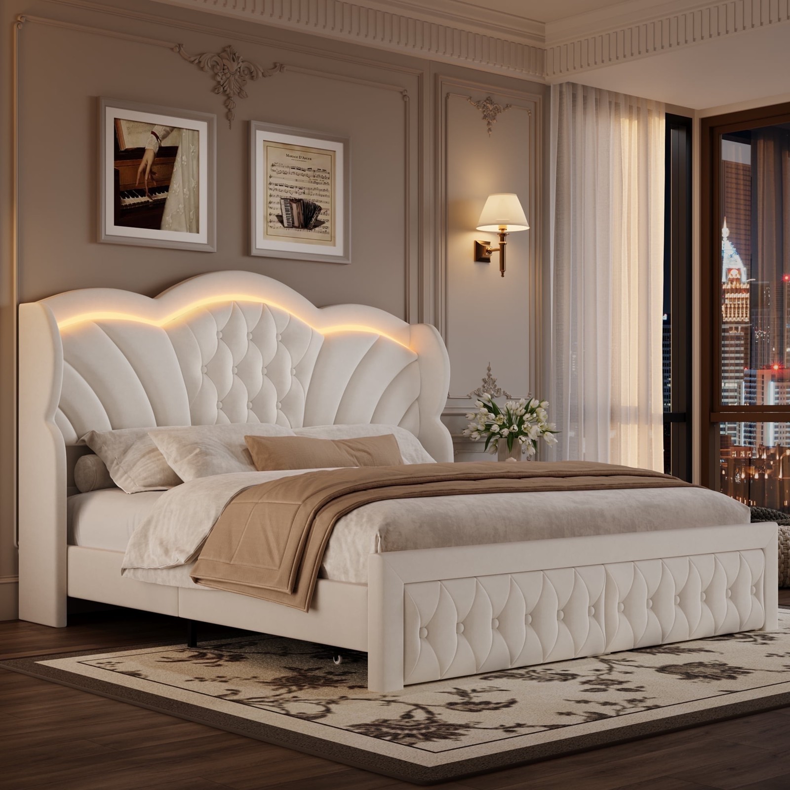 Full/Queen Bed Frame with 2 Storage Drawers and LED Lights Pink