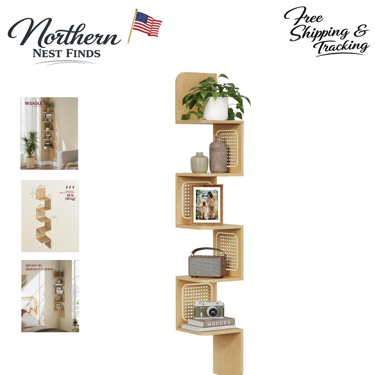 Space-Saving Zigzag Corner Shelf Unit with PVC Rattan Sides, 55lb Capacity