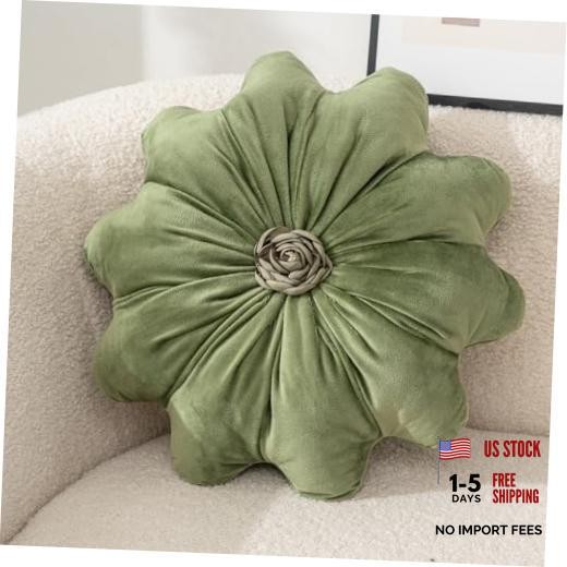 15.7 Inches Round Throw Pillows Velvet Flower Chair Cushion for Couch Green