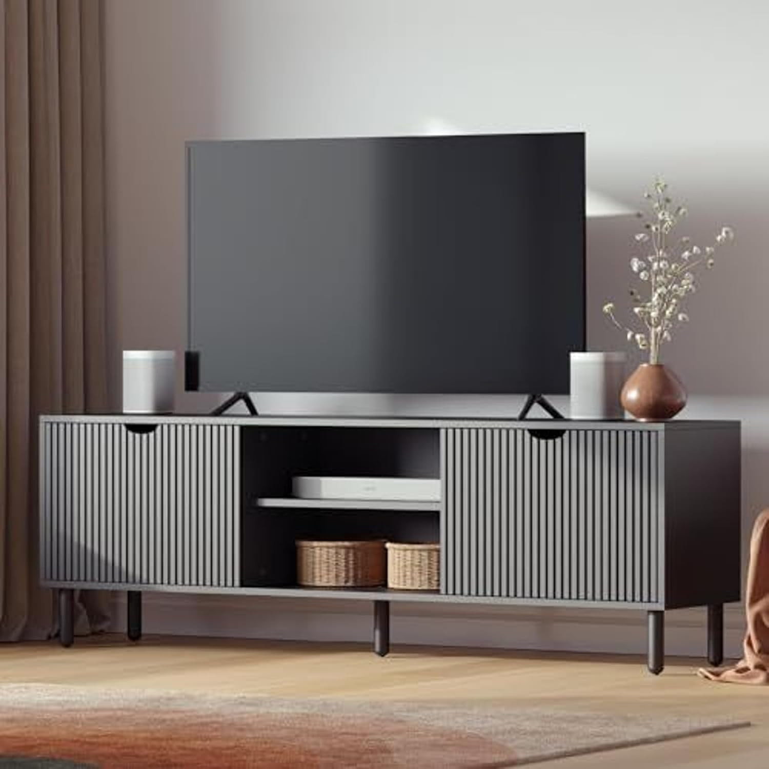 Fluted Black TV Stand with Soft-Close Doors & Adjustable Shelves – 70