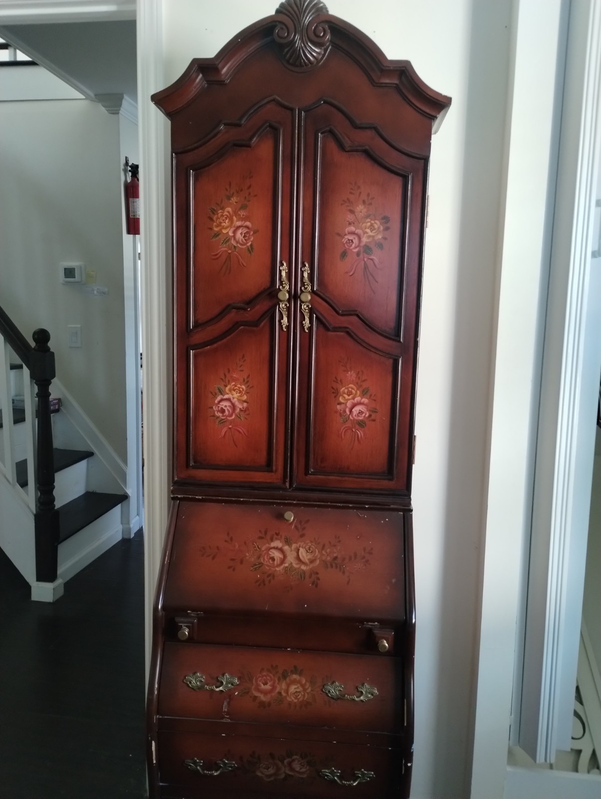 Brown Floral Painted 2-Door Hinged Armoire w/ Shelves & Drawers 75″