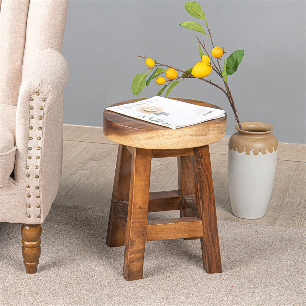 Greenage Small Rustic Solid Wooden Stool Round Side Table Bedside Table 18″ H