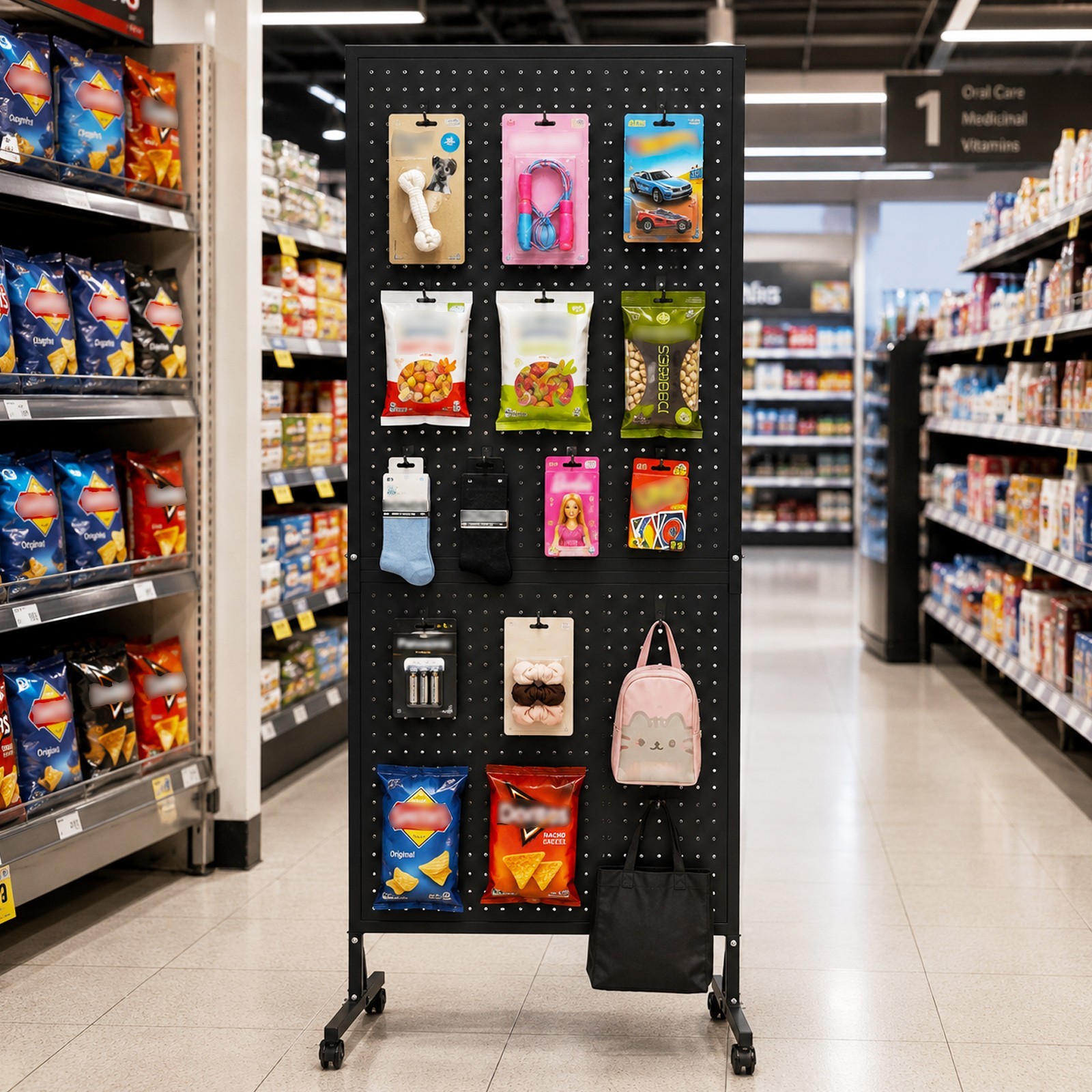 2’×5′ Freestanding Pegboard Display with T-Base & Wheels, 2-Panel Black Metal
