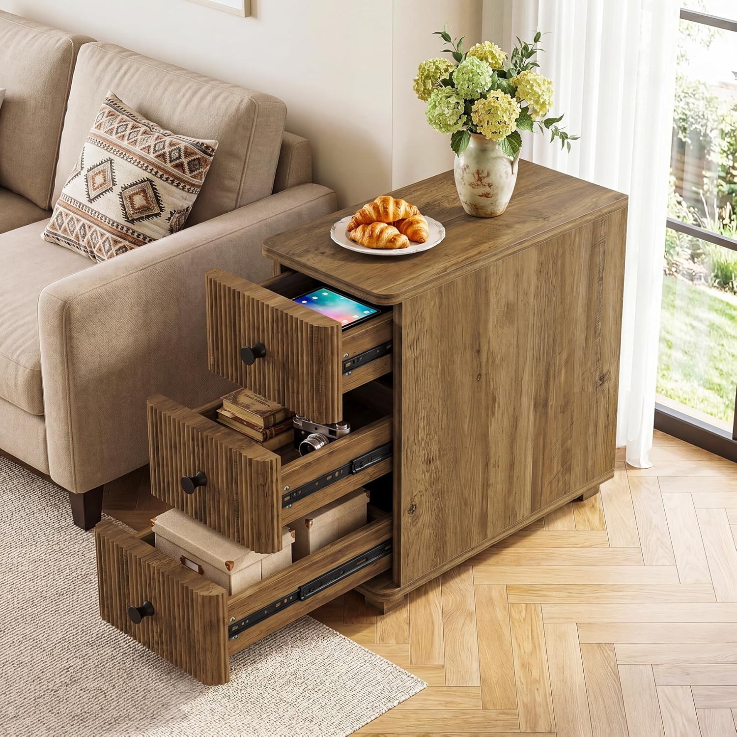 3-Drawers Slim End Table for Living Room, Sofa Side Table Nightstand w/ Storage