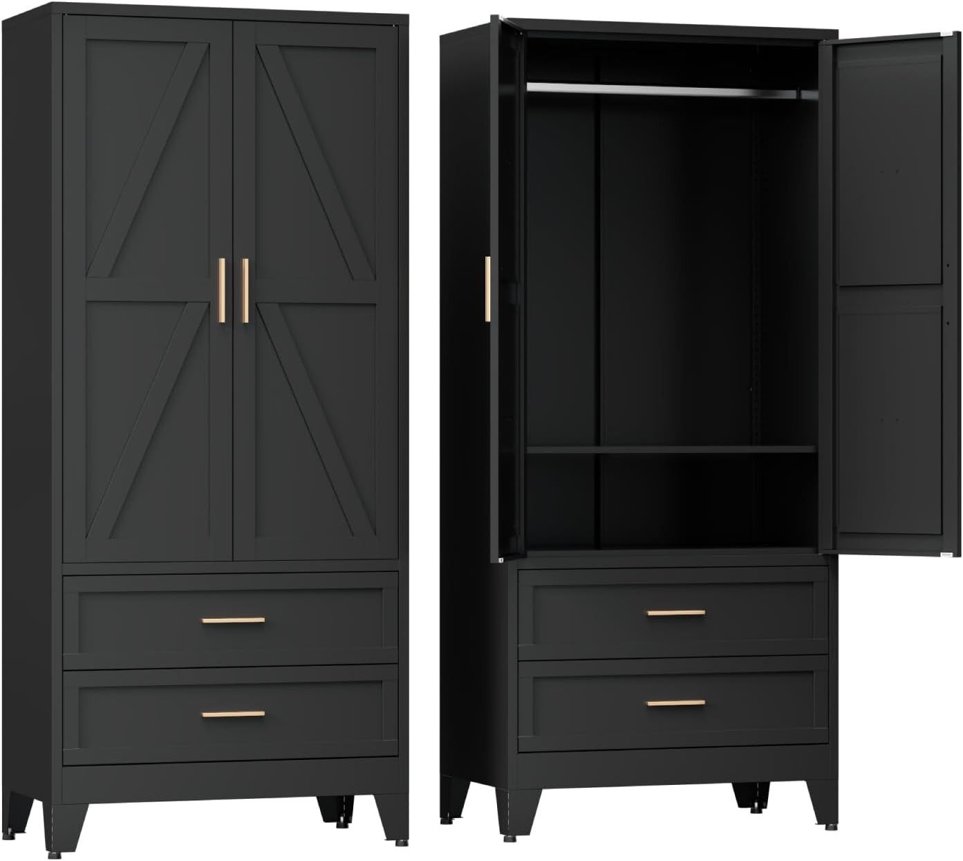 Armoire Wardrobe Closet W/ Drawers & Hanging Rod 71” Metal Wardrobe Closet W/