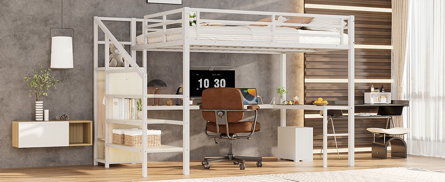 Queen Size Loft Bed with L-shaped Desk,Wardrobe and Adjustable Shelf for Kids