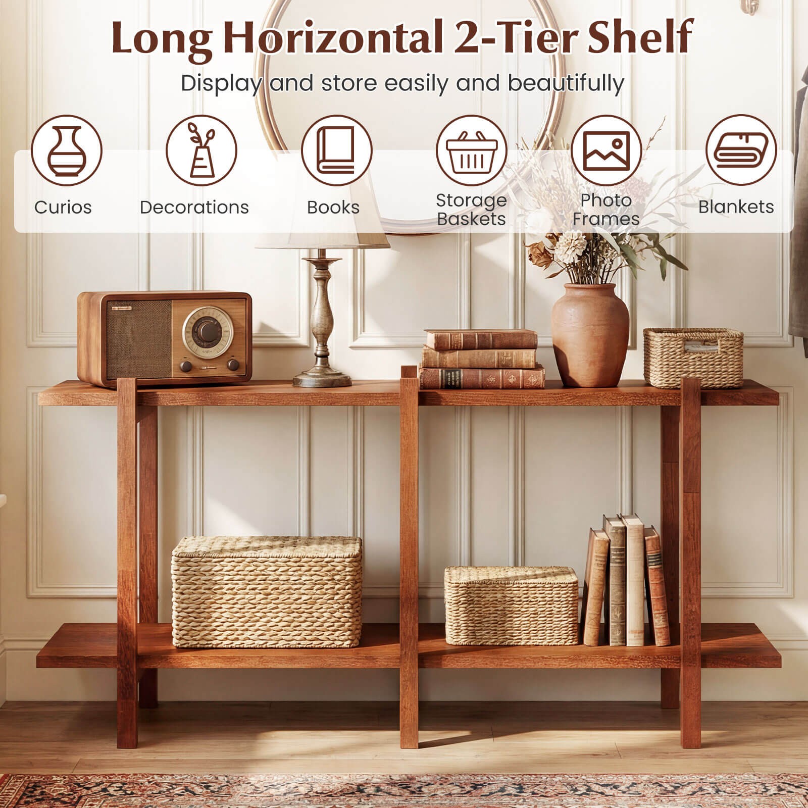 2-Tier Wood Bookshelf, Low Horizontal Rubberwood Bookcase for Storage & Display