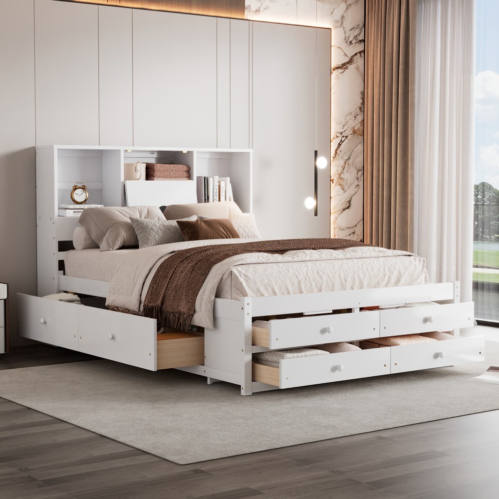 Queen Size Platform Bed with Storage Headboard and 8 Drawers, White / Gray