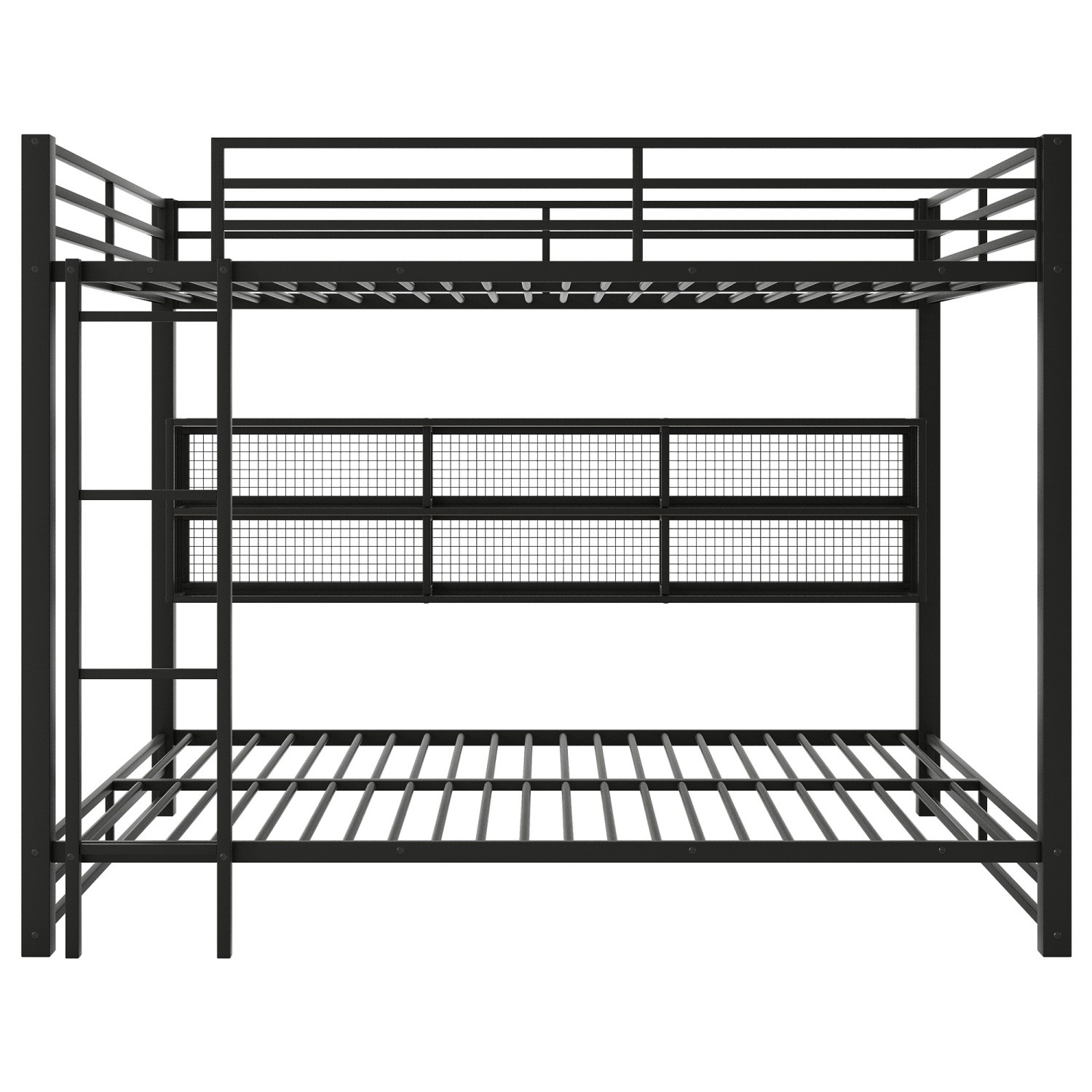 Queen Over Queen Metal Bunk Bed Frame with LED Lights & Storage Cabinets Black