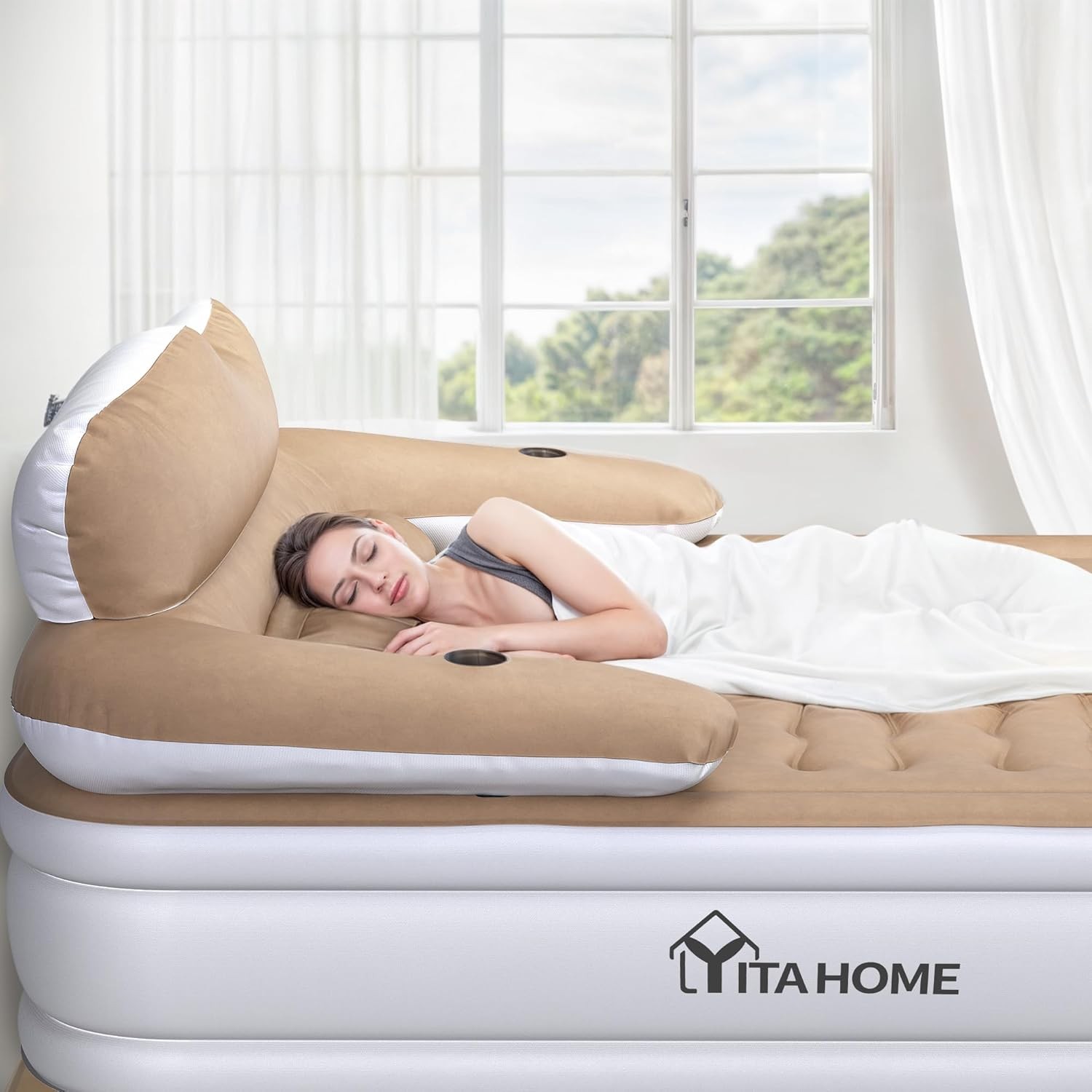 Full XL Air Mattress with Headboard & Pump – 18″ Inflatable Bed for Home & Campi